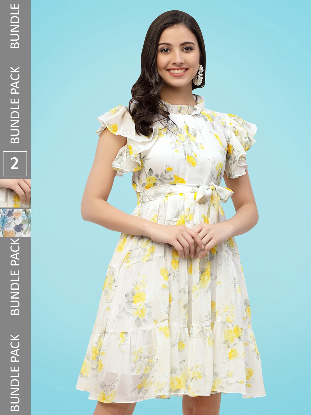 

MISS AYSE Pack Of 2 Floral Printed Tiered Georgette Fit & Flare Dresses, White