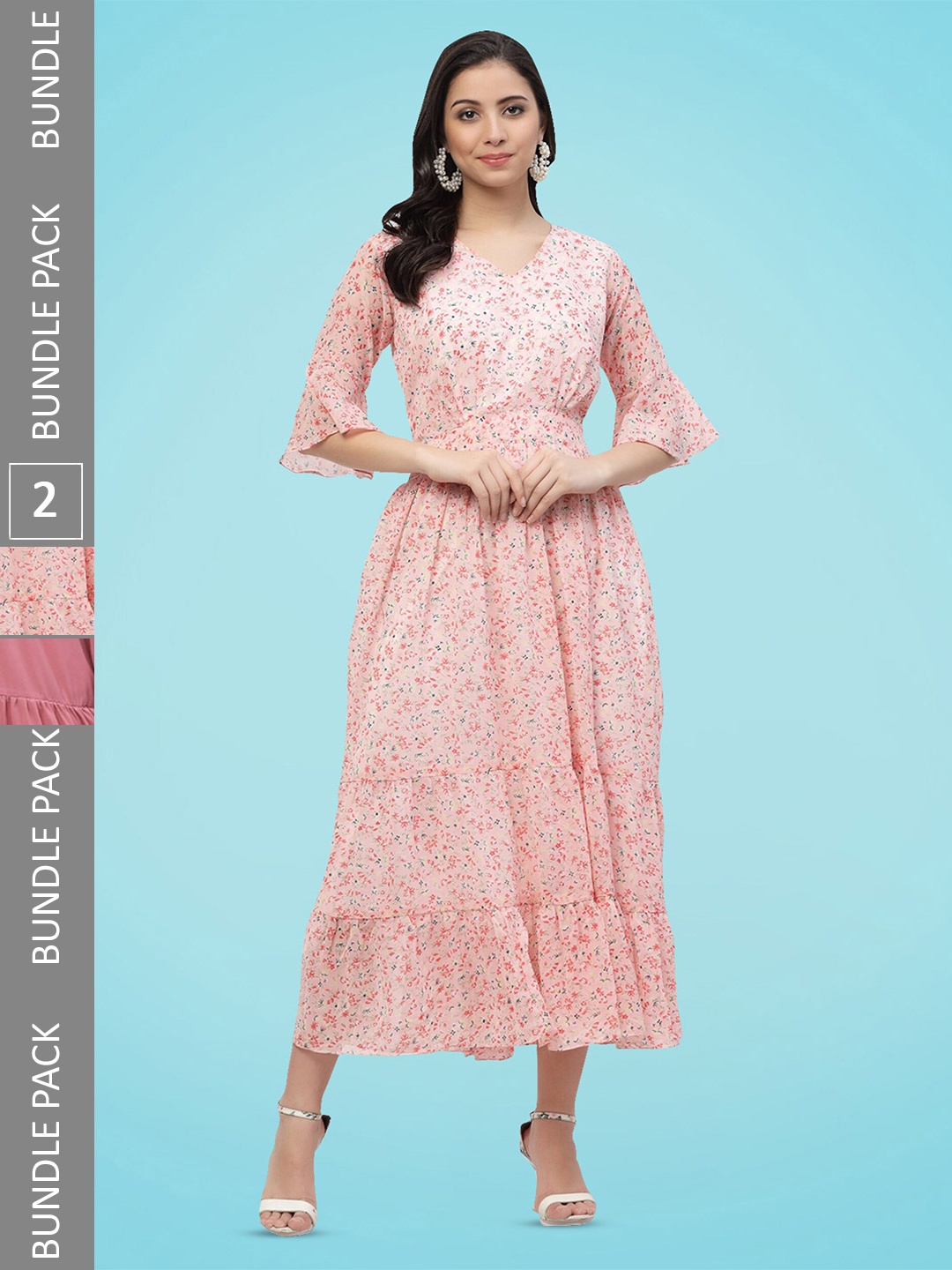 

MISS AYSE Pack Of 2 Floral Printed Tiered Georgette Fit & Flare Dresses, Pink