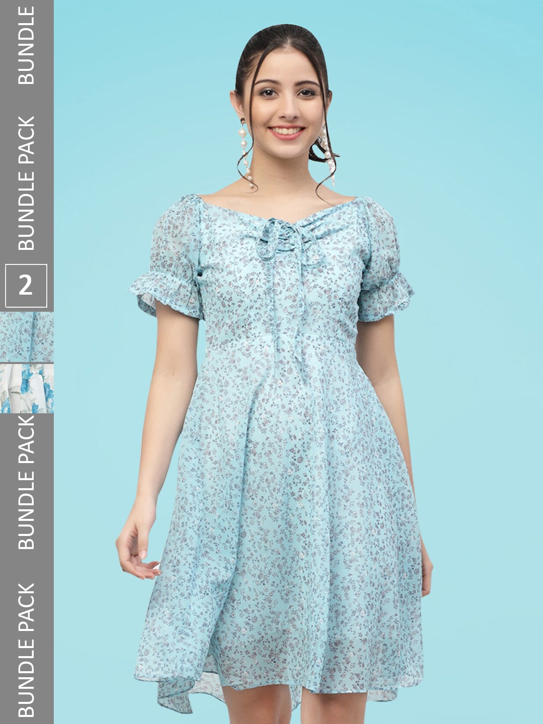

MISS AYSE Pack Of 2 Floral Printed Tiered Georgette Fit & Flare Dresses, Blue