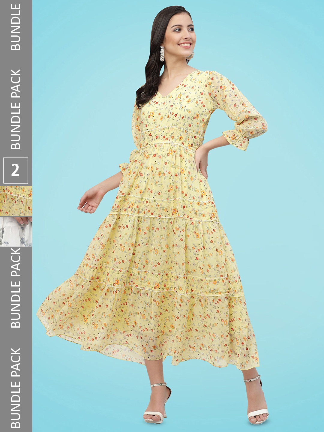 

MISS AYSE Pack Of 2 Floral Printed Bell Sleeves Georgette Fit & Flare Dress, Yellow