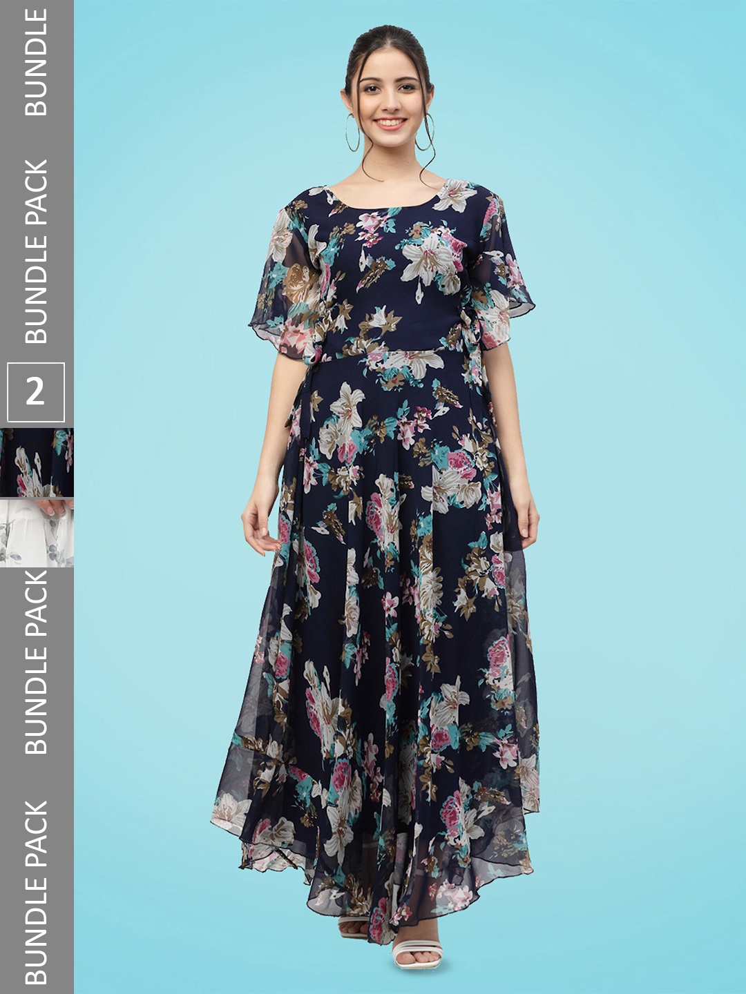 

MISS AYSE Pack Of 2 Floral Printed Tiered Georgette Fit & Flare Dresses, Navy blue