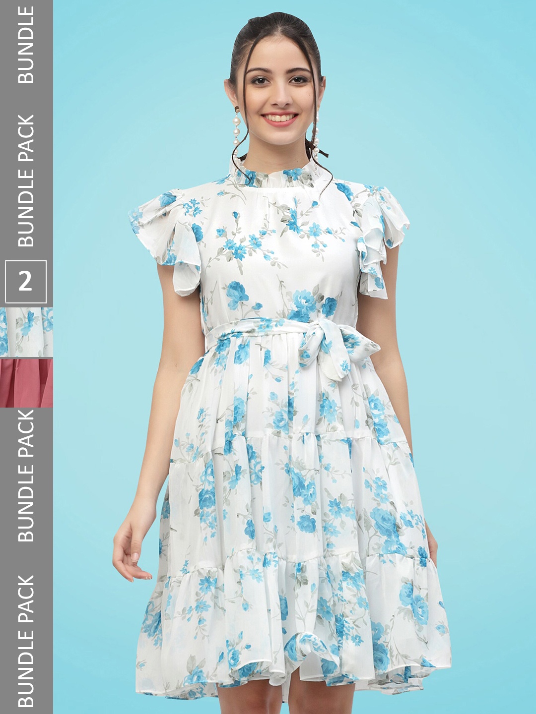 

MISS AYSE Pack of 2 Floral Printed Georgette Fit & Flare Maxi Dress, White