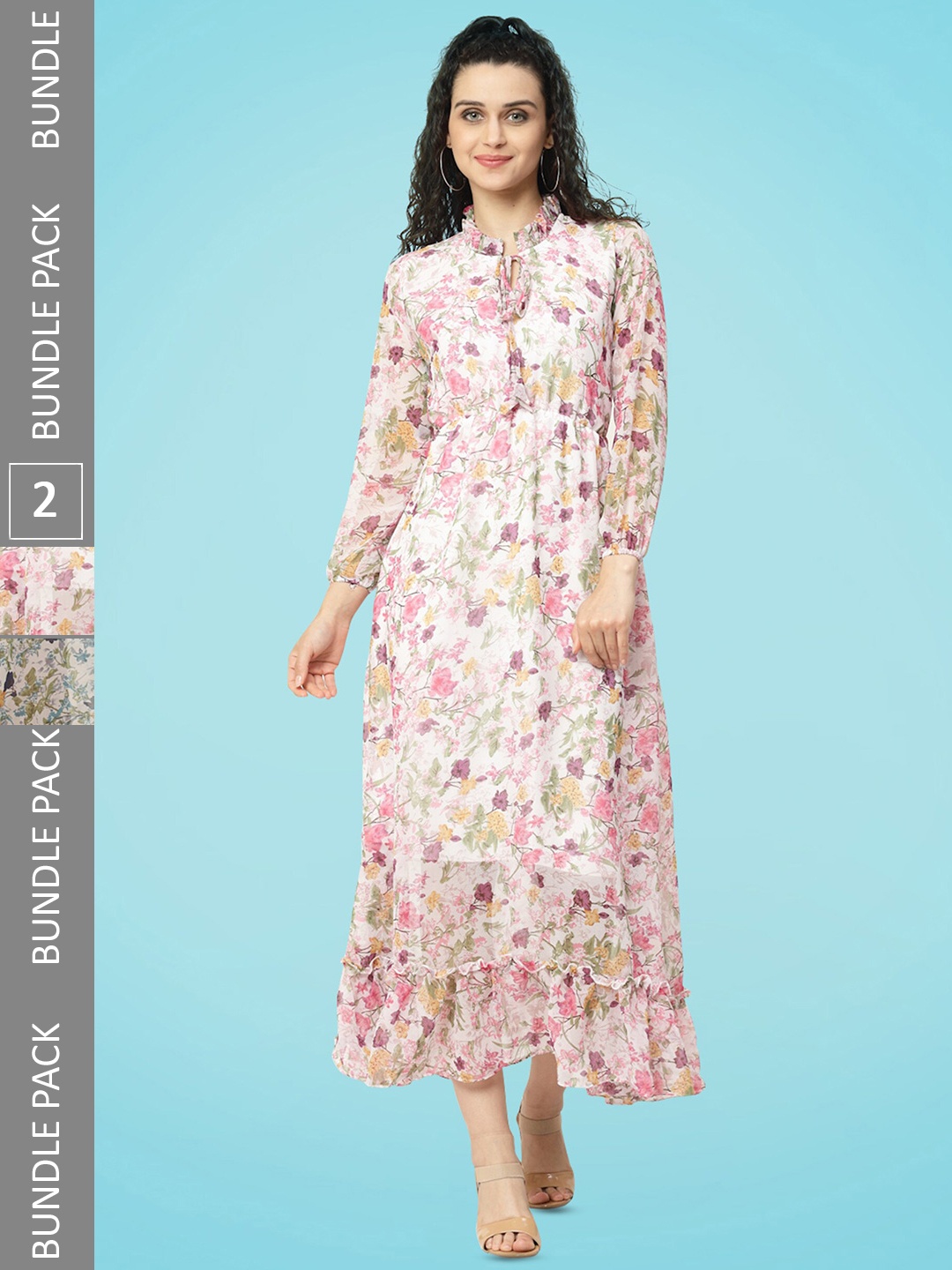 

MISS AYSE Pack Of 2 Floral Printed Tie-Up Neck Georgette Fit & Flare Maxi Dress, Pink