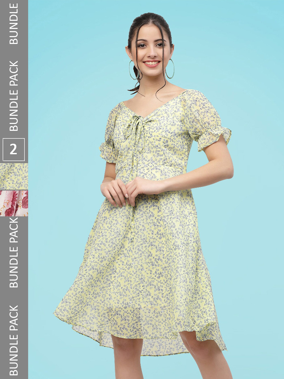 

MISS AYSE Pack Of 2 Floral Printed Georgette A Line Dress, Green