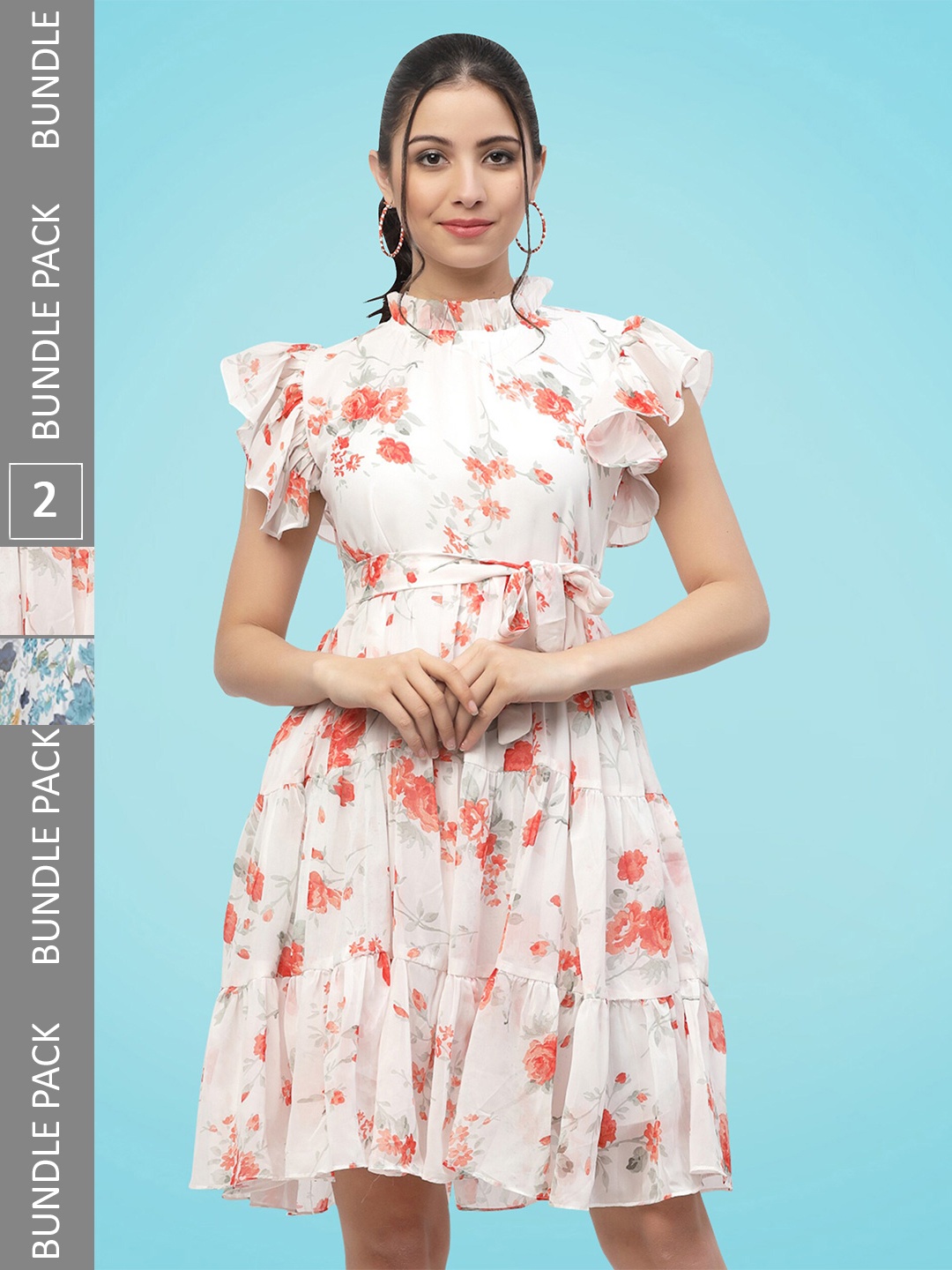 

MISS AYSE Pack Of 2 Floral Printed Tiered Georgette Fit & Flare Dresses, White
