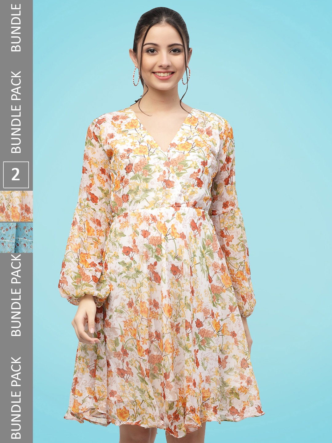

MISS AYSE Pack Of 2 Floral Printed Georgette Fit & Flare Dress, Blue