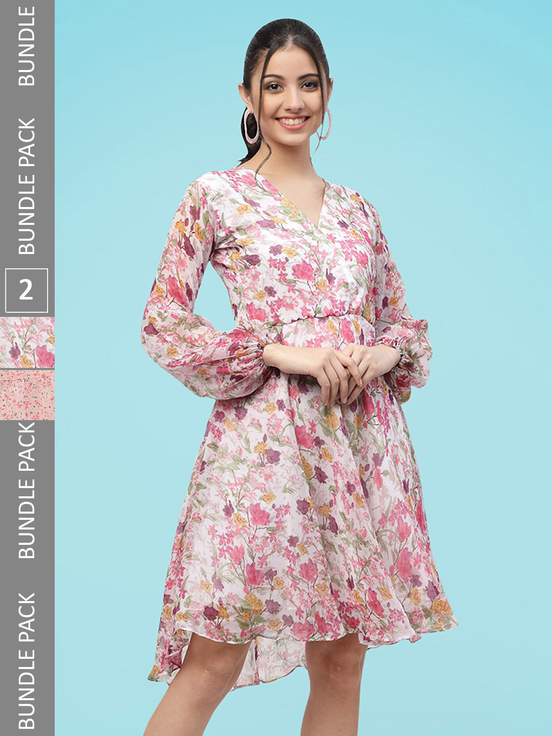 

MISS AYSE Pack Of 2 Floral Printed Georgette Fit & Flare Midi Dress, Pink