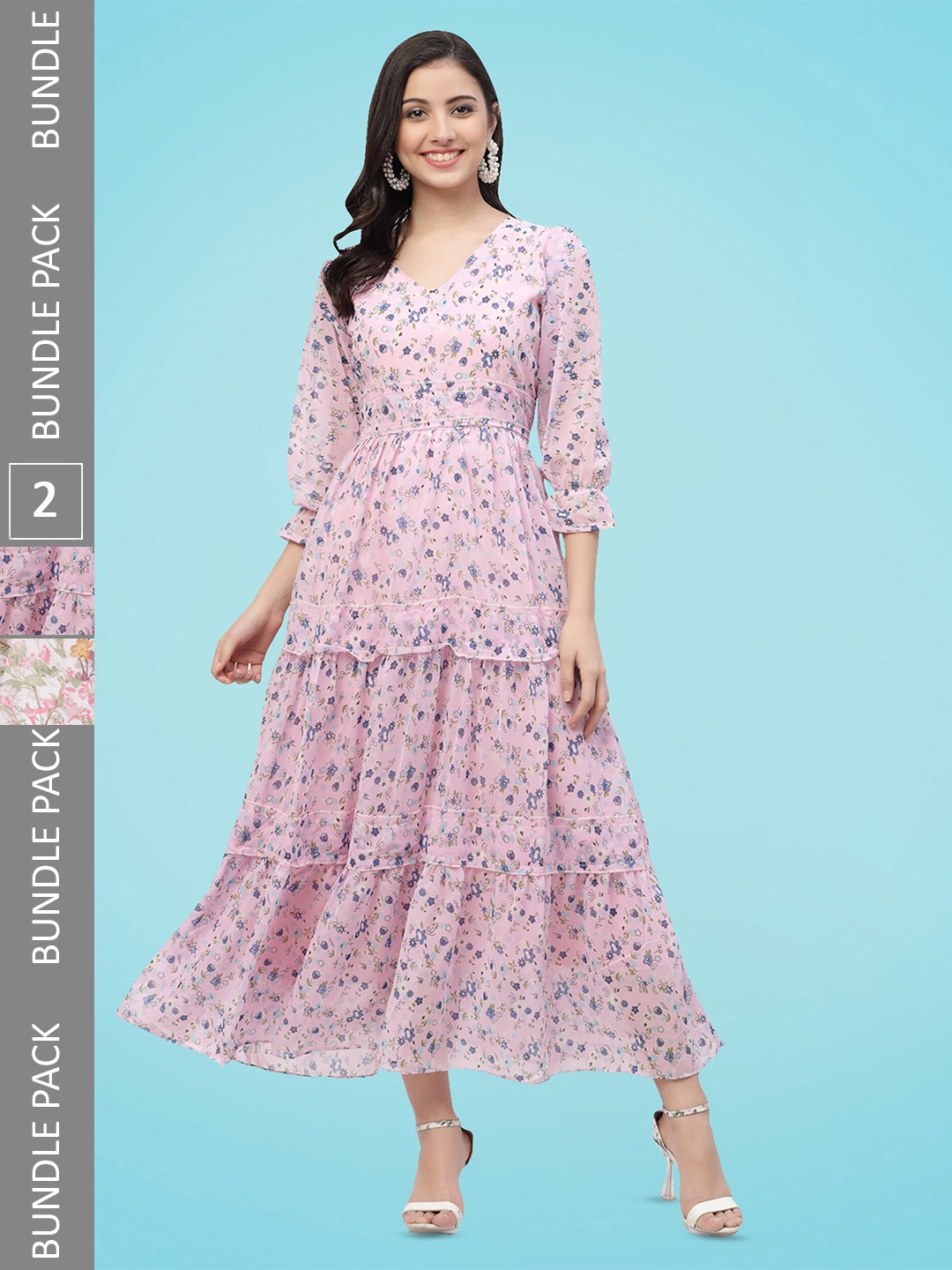 

MISS AYSE Pack Of 2 Floral Printed Tiered Georgette Fit & Flare Midi Dress, Pink