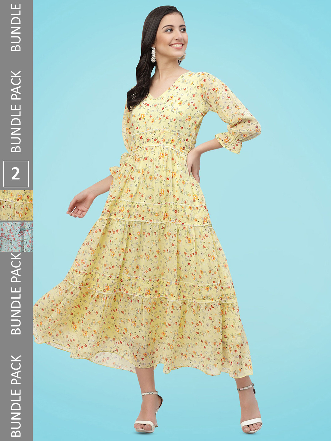 

MISS AYSE Pack Of 2 Floral Printed Tiered Georgette Fit & Flare Midi Dress, Yellow