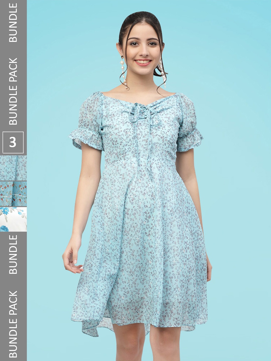 

MISS AYSE Pack Of 3 Floral Printed Georgette A Line Dress, Blue