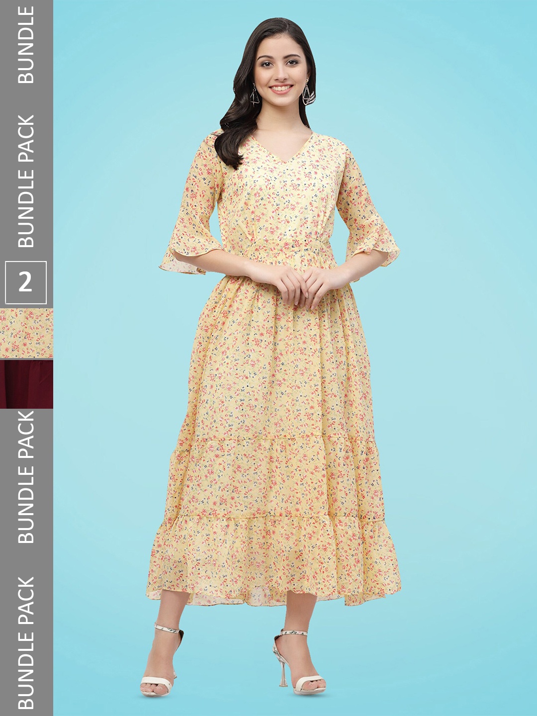 

MISS AYSE Pack Of 2 Floral Printed Georgette A Line Midi Dress, Yellow