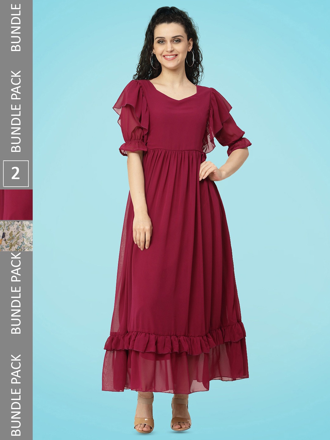 

MISS AYSE Pack Of 2 Floral Printed Tiered A-Line Midi Dress, Maroon