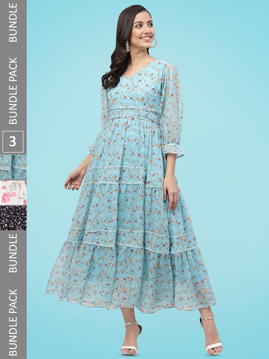

MISS AYSE Pack Of 3 Floral Printed Tiered Georgette Fit & Flare Dresses, Blue