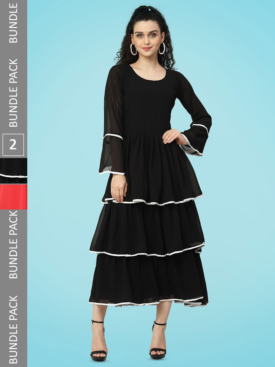 

MISS AYSE Pack of 2 Layered Georgette Fit & Flare Maxi Dress, Black