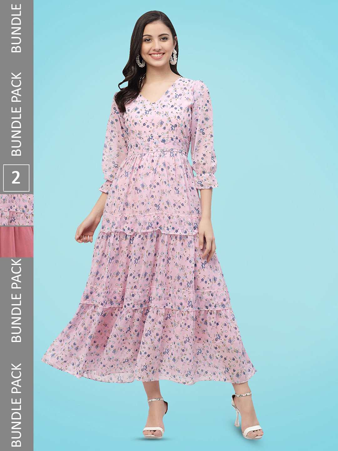 

MISS AYSE Pack Of 2 Floral Printed V-Neck Puff Sleeves Tiered Fit & Flare Midi Dress, Lavender