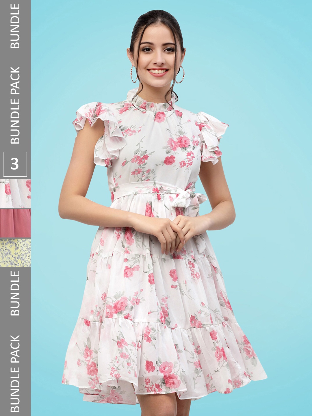 

MISS AYSE Pack Of 3 Floral Printed Flutter Sleeves Fit & Flare Dress, White
