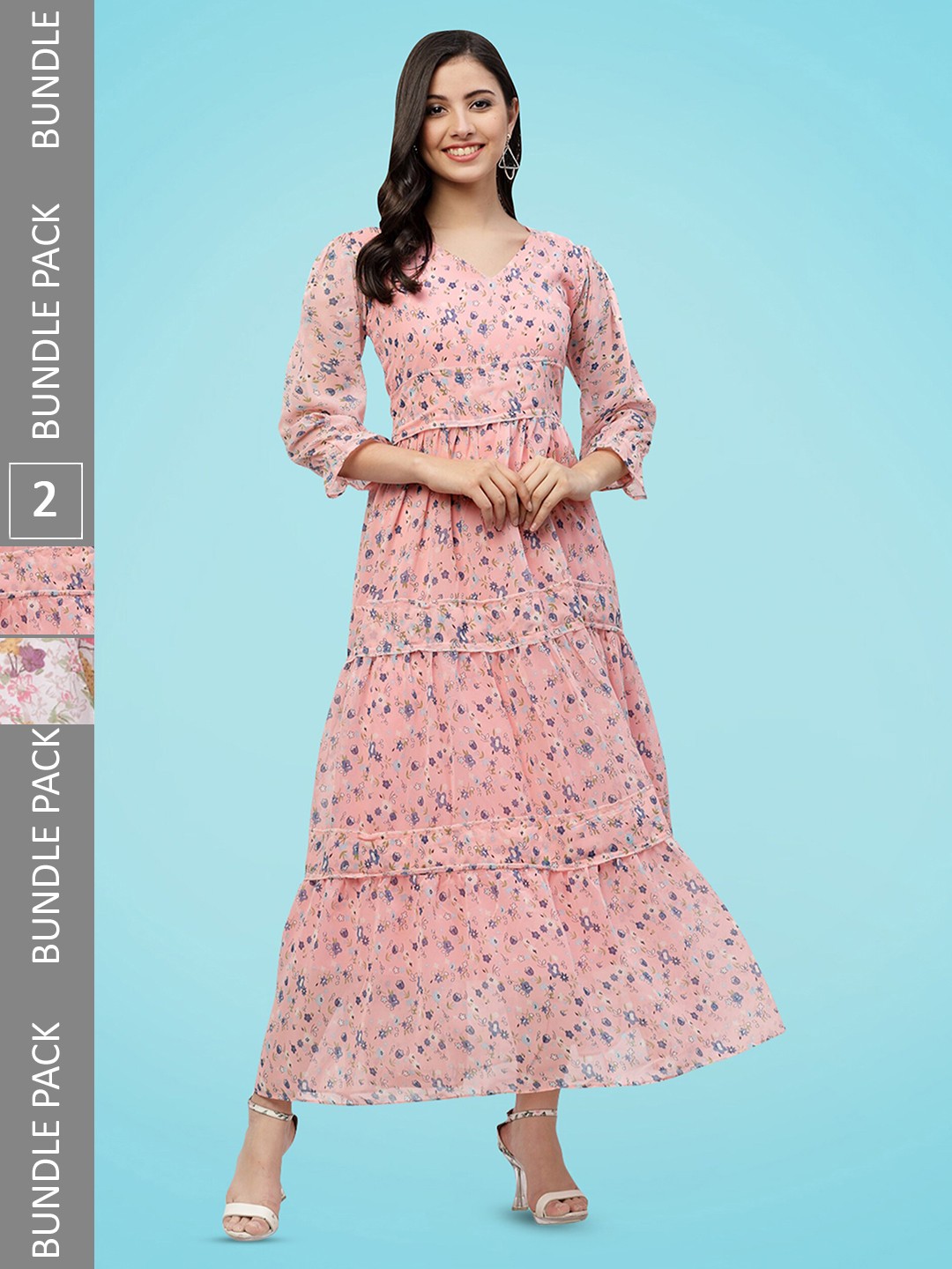 MISS AYSE Pack Of 2 Floral Printed Tiered Georgette Fit & Flare Midi Dress, Pink
