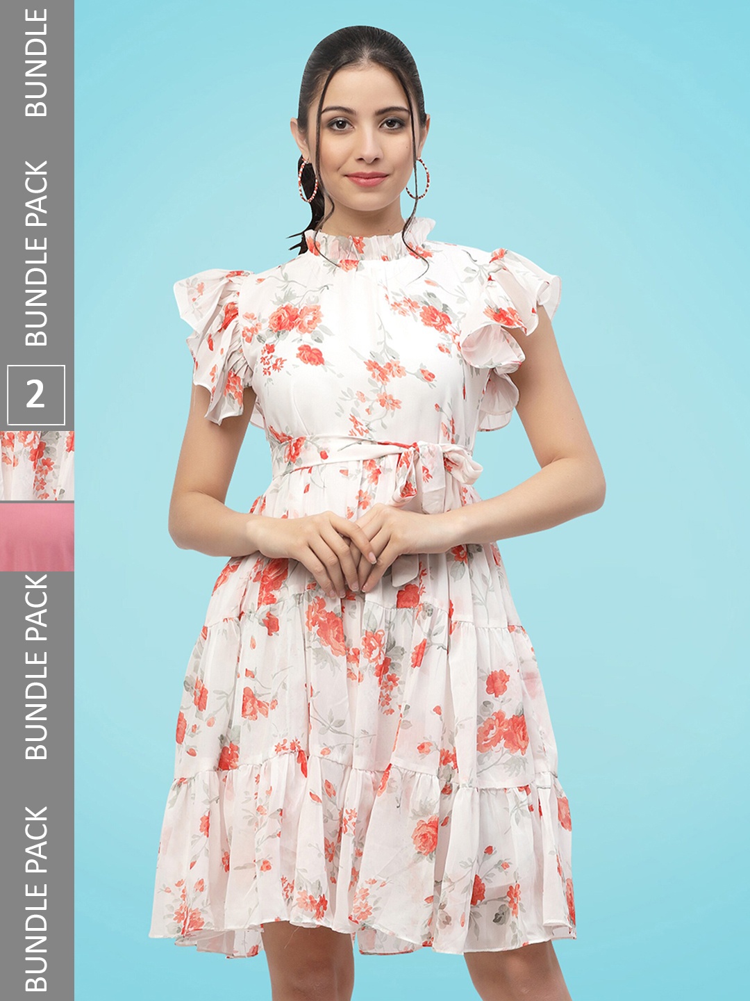 

MISS AYSE Pack Of 2 V-Neck Puff Sleeves Belted Georgette A-Line Dress, Pink