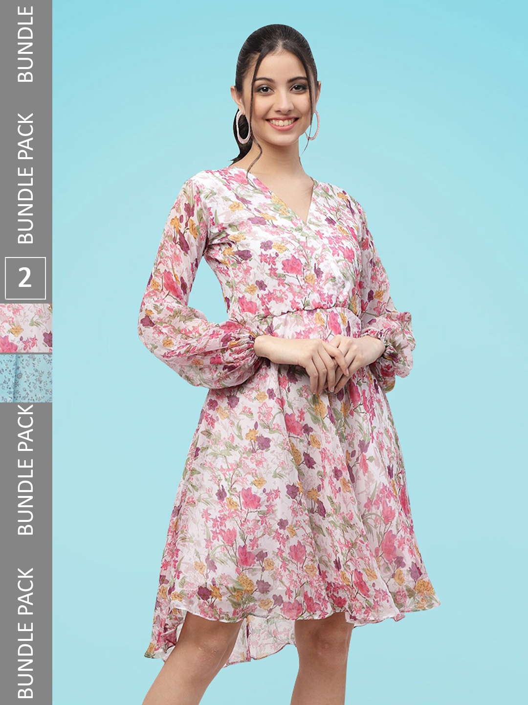 

MISS AYSE Pack Of 2 Floral Printed V-Neck Fit & Flare Dress, Pink