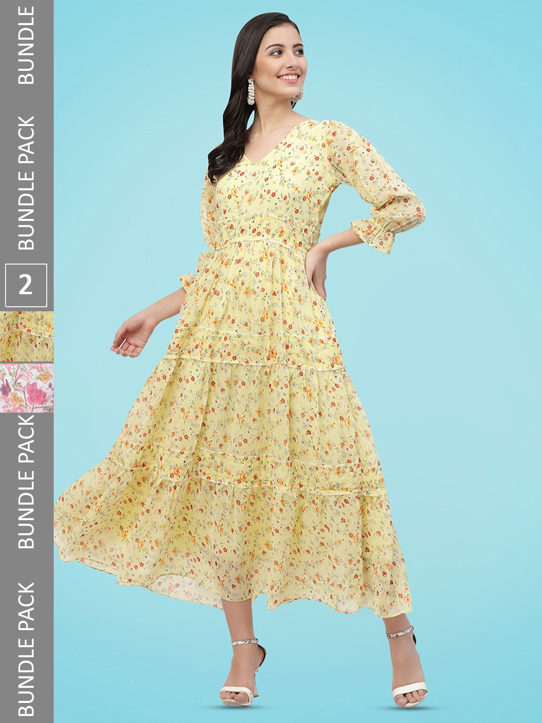 

MISS AYSE Pack Of 2 Floral Printed V-Neck Tiered Georgette Fit & Flare Dresses, Yellow