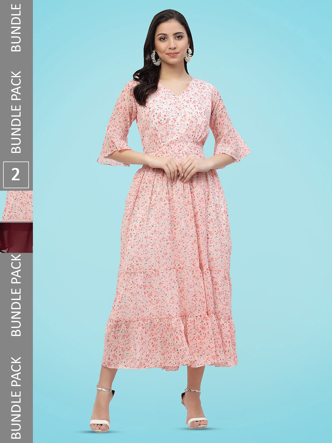 

MISS AYSE Pack Of 3 Gathered Tiered Georgette Fit & Flare Midi Dress, Peach