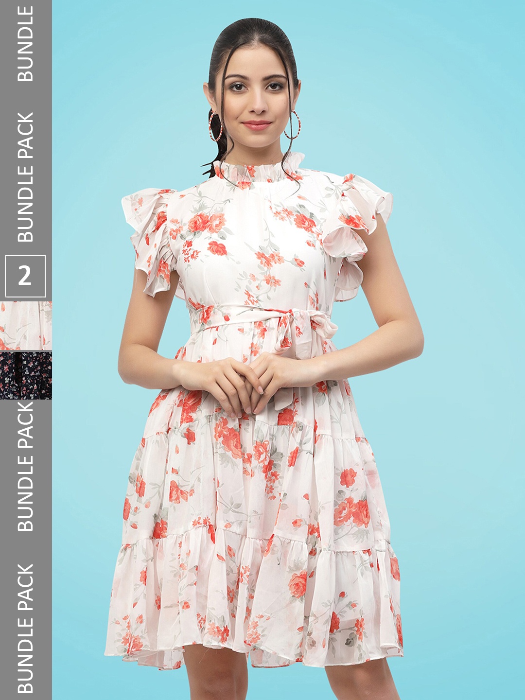 

MISS AYSE Pack Of 2 Floral Printed Georgette Fit & Flare Dress, Black