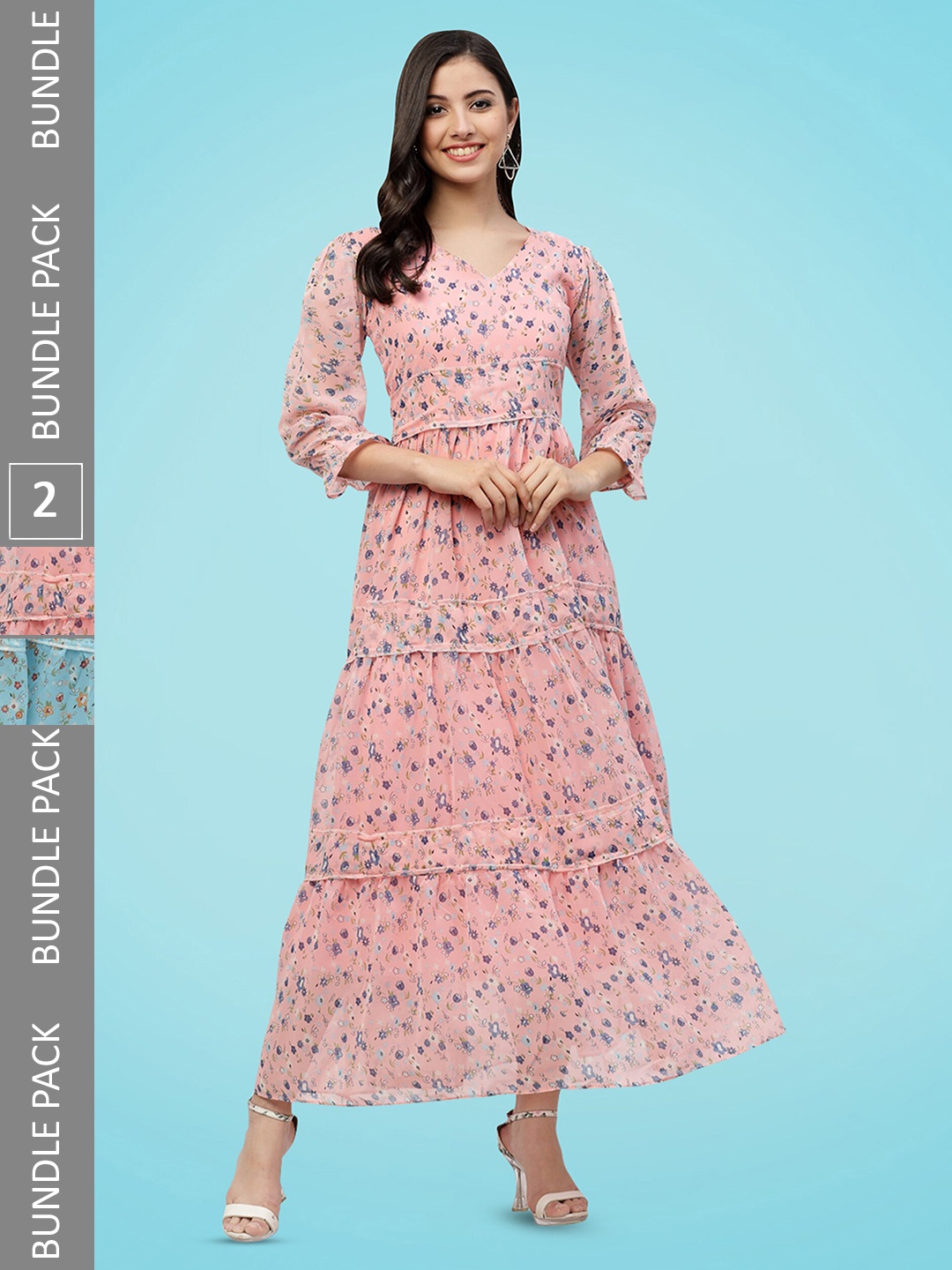 

MISS AYSE Pack Of 2 Floral Print Georgette A-line Maxi Dress, Blue