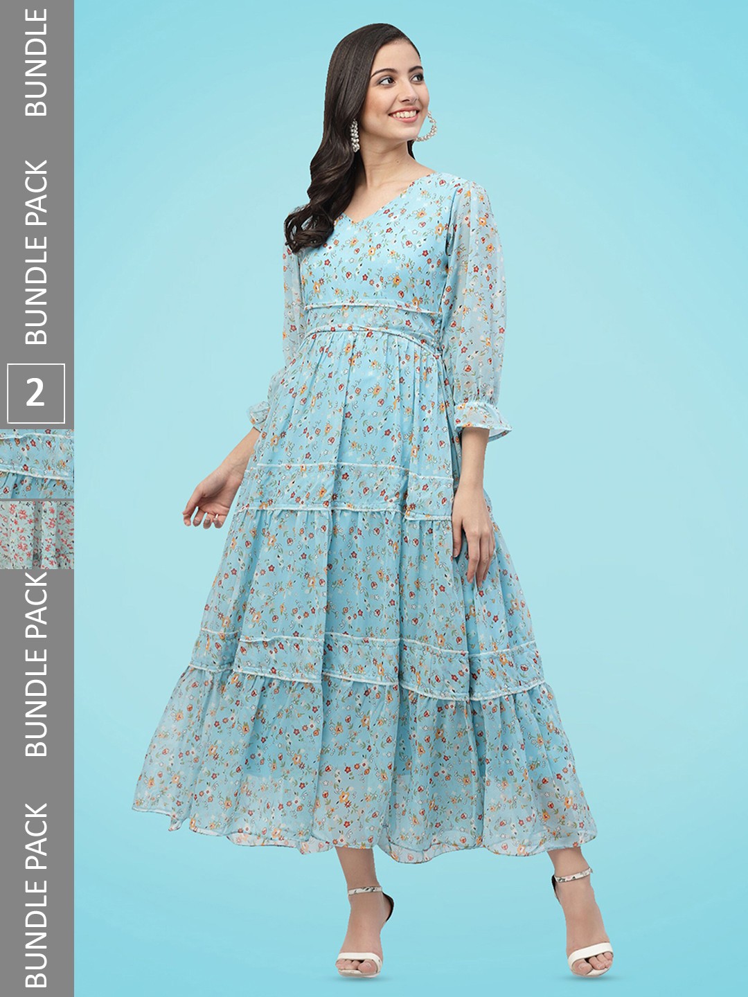 

MISS AYSE Pack Of 2 Floral Printed Georgette A Line Midi Dress, Blue