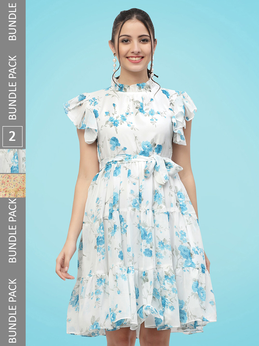 

MISS AYSE Pack Of 2 Floral Printed Gathered Tiered Georgette Fit & Flare Dress, White