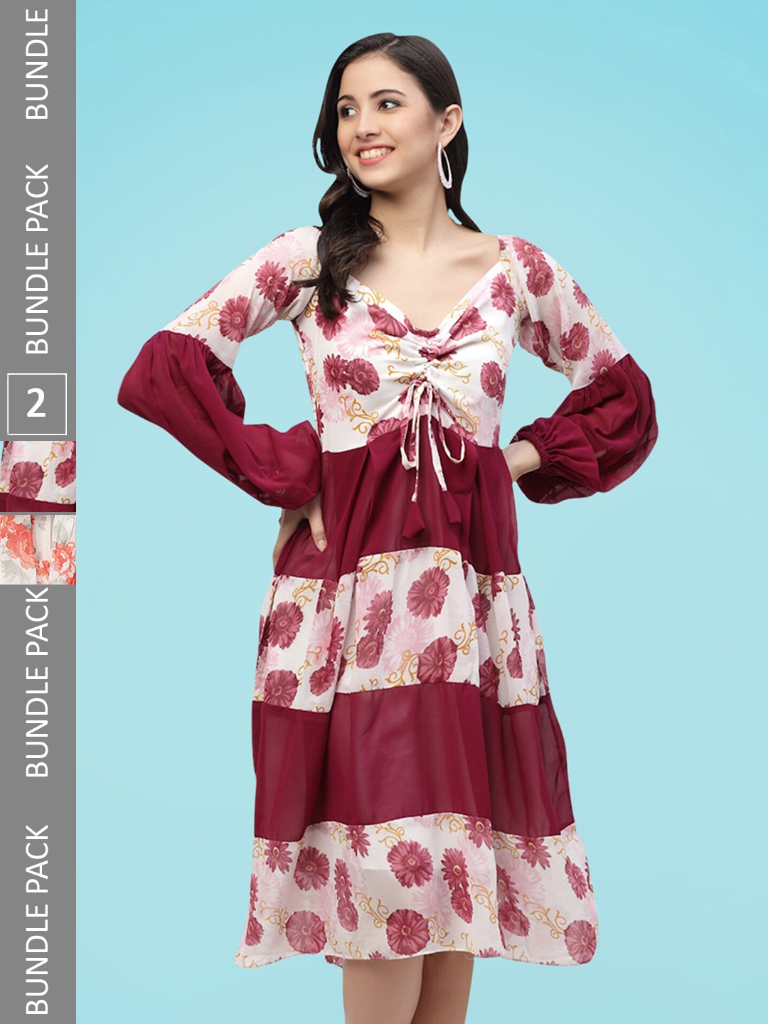 

MISS AYSE Pack Of 2 Floral Printed Gathered Tiered Georgette Fit & Flare Dress, Purple