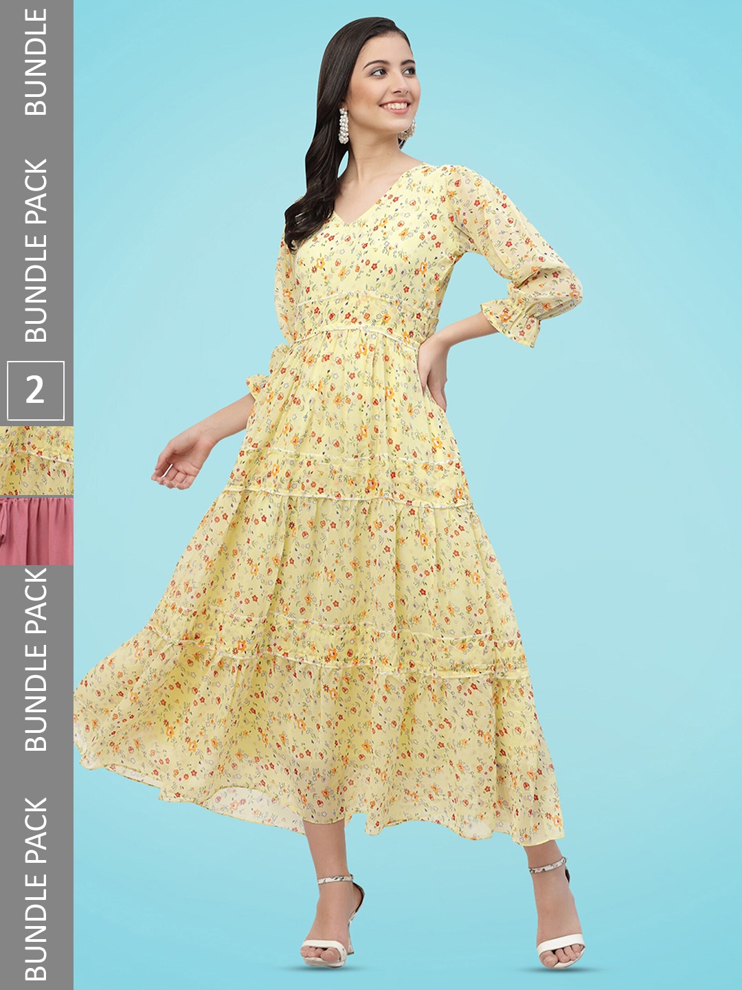 

MISS AYSE Pack Of 2 Floral Printed Tiered Georgette Fit & Flare Midi Dress, Yellow