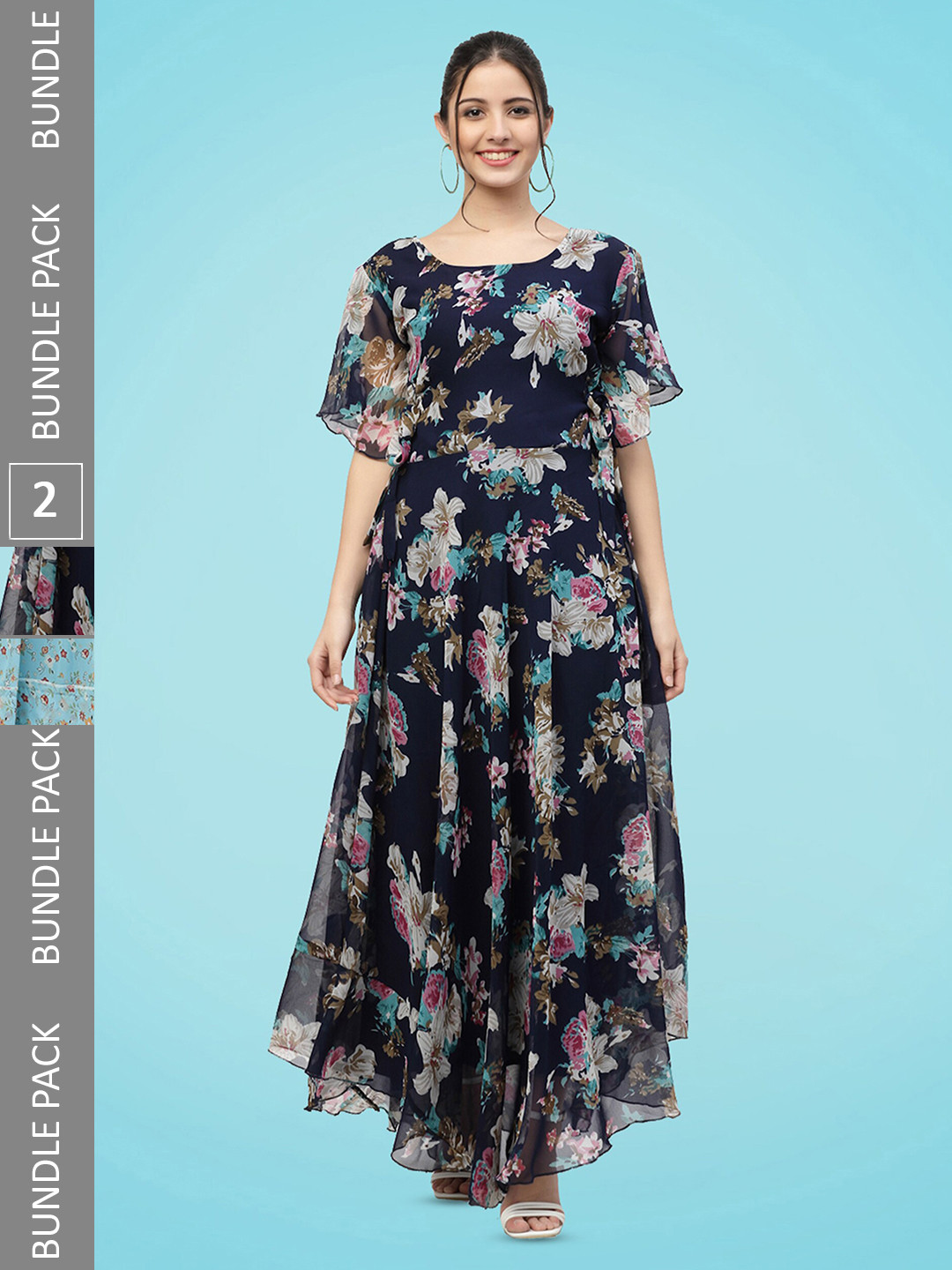 

MISS AYSE Pack Of 2 Floral Printed Bell Sleeves Georgette Maxi Dresses, Navy blue