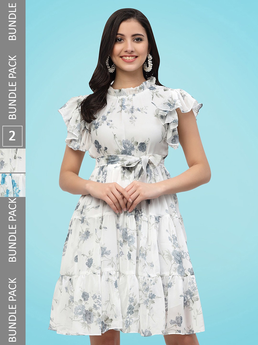 

MISS AYSE Pack Of 2 Floral Print Flutter Sleeve Georgette Fit & Flare Dress, Blue