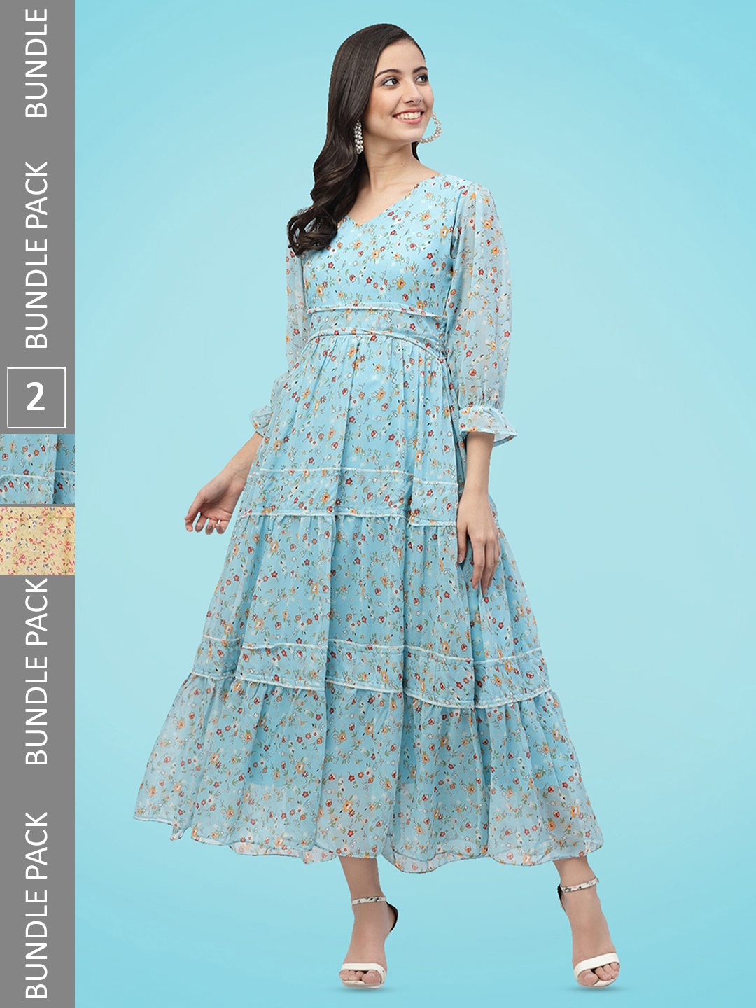 

MISS AYSE Pack of 2 Floral Printed Tiered Georgette Fit & Flare Maxi Dress, Sea green