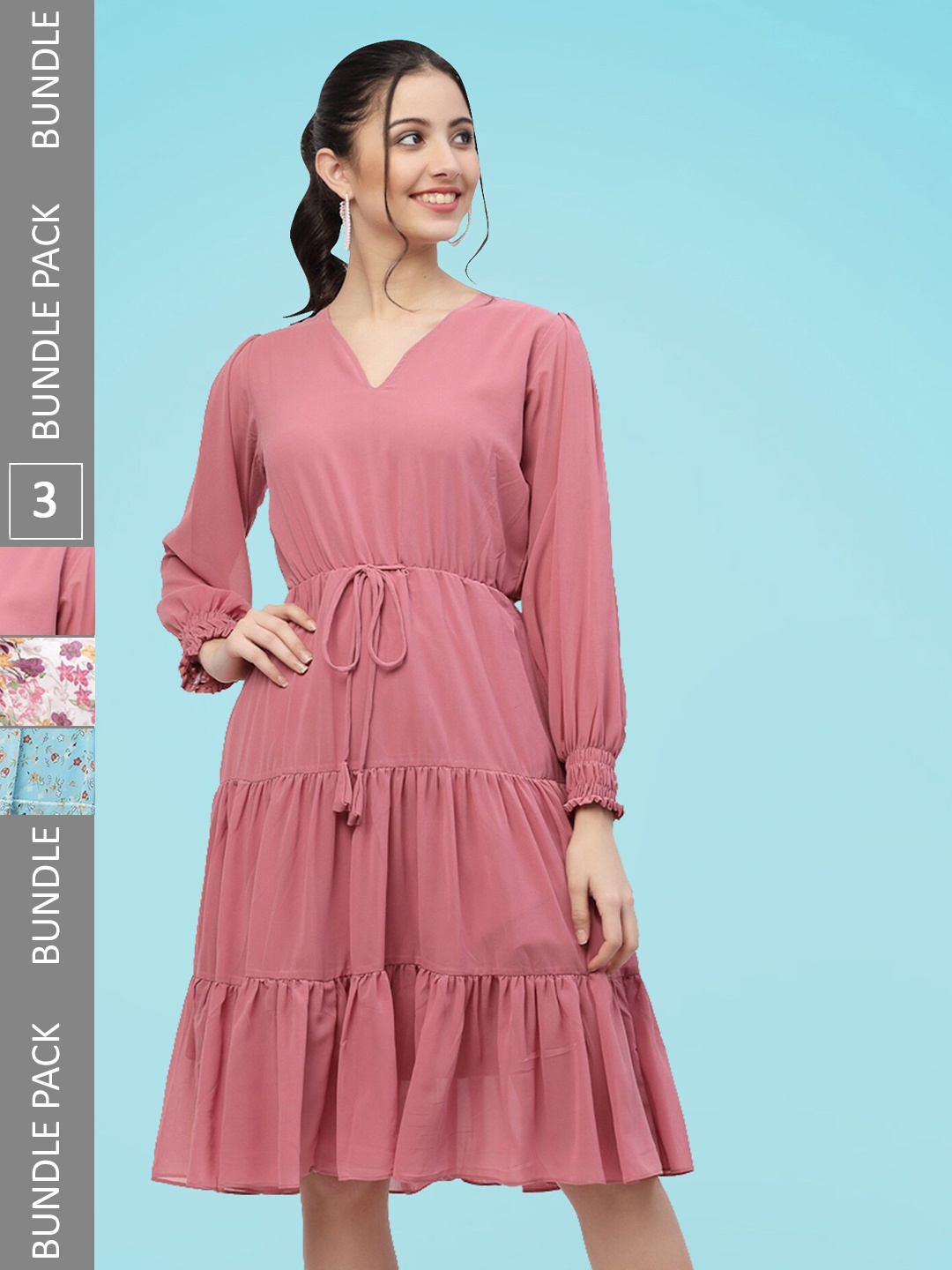 

MISS AYSE Pack of 3 Floral Printed Tiered Georgette Fit & Flare Maxi Dress, Coral