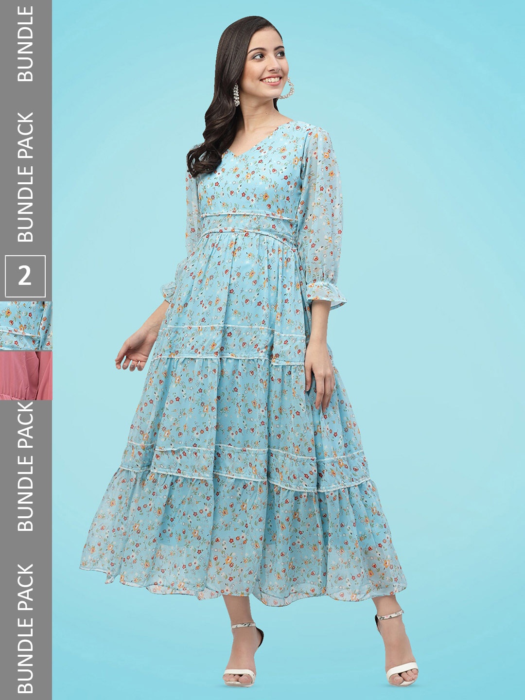 

MISS AYSE Pack Of 2 Floral Printed Georgette Fit & Flare Dress, Blue