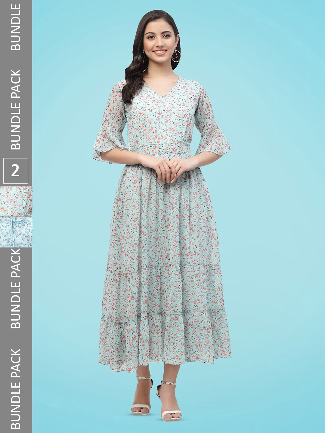 

MISS AYSE Pack Of 2 Floral Print Georgette Fit & Flare Midi Dress, Blue