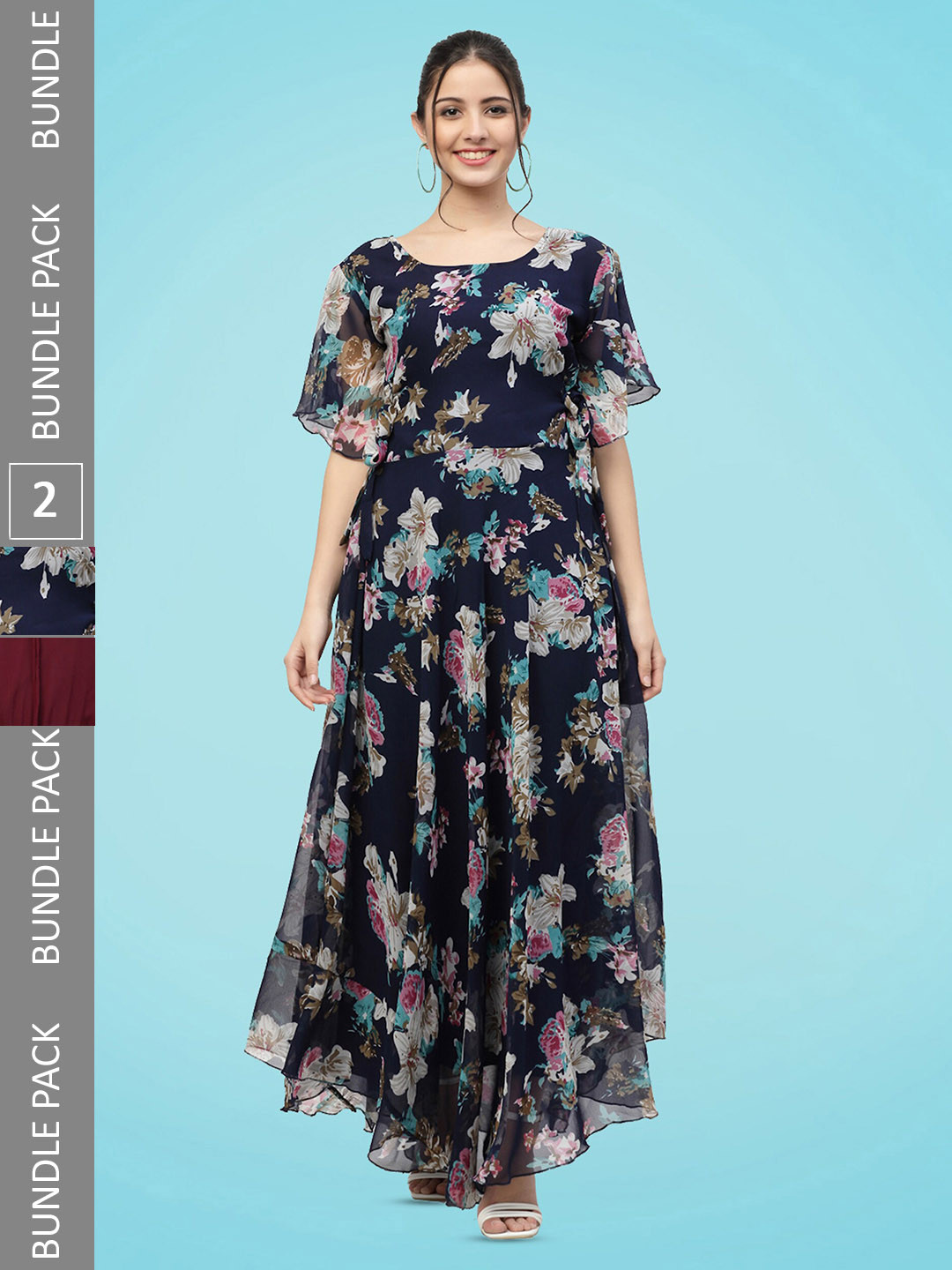

MISS AYSE Pack Of 2 Georgette Fit & Flare Dress, Navy blue