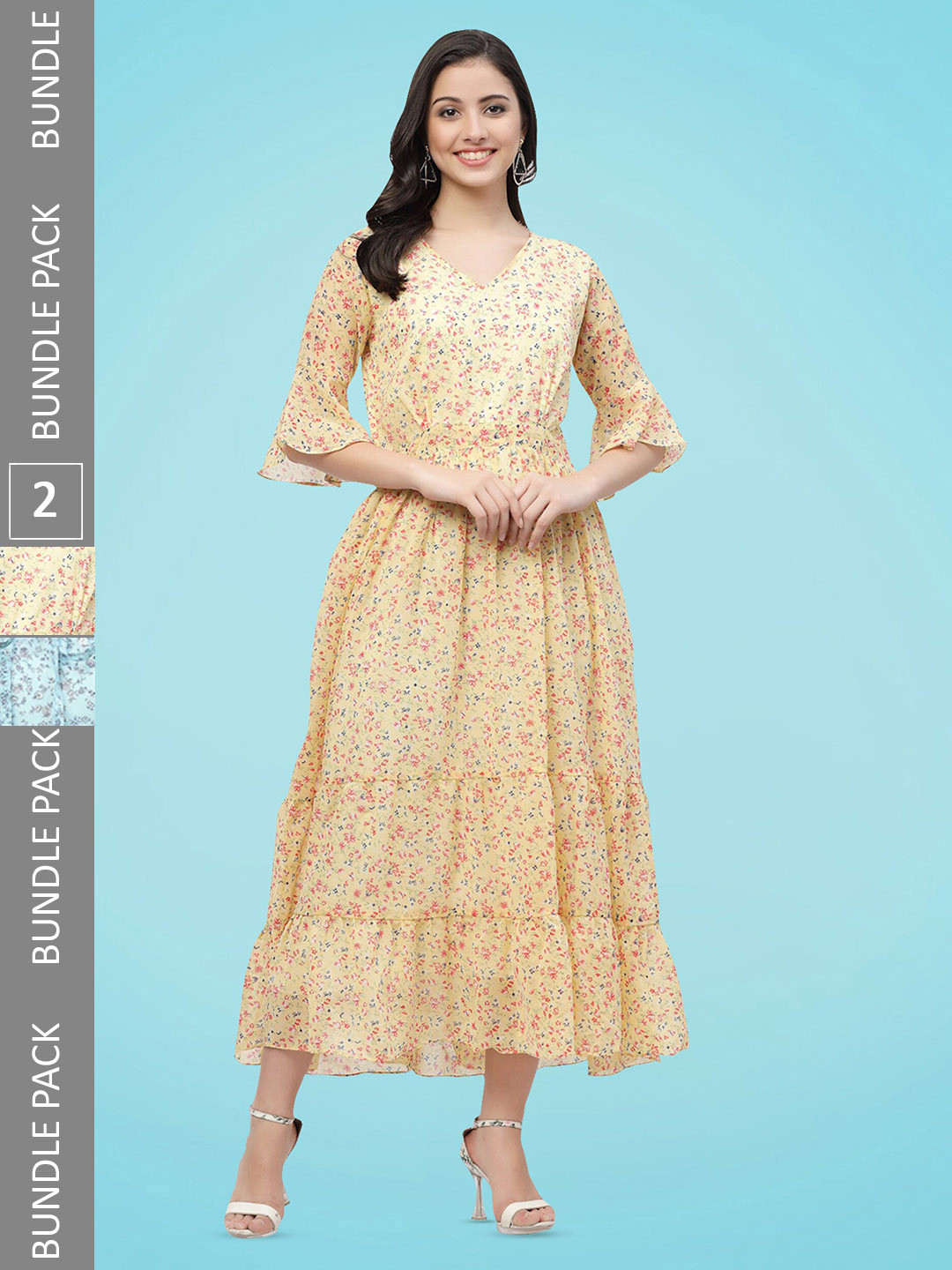 

MISS AYSE Pack Of 2 Floral Printed V-Neck Bell Sleeves Tiered Fit & Flare Midi Dress, Yellow
