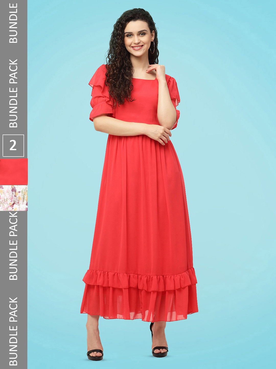 

MISS AYSE Pack of 2 Floral Printed Georgette Fit & Flare Maxi Dress, Red