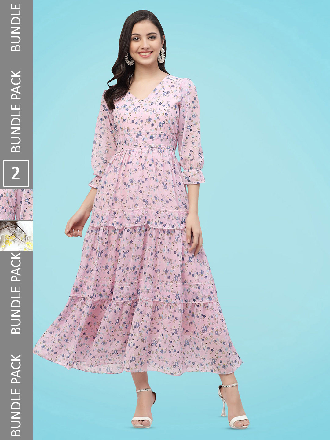 

MISS AYSE Pack Of 2 Floral Printed Tiered Fit & Flare Midi Dress, Pink