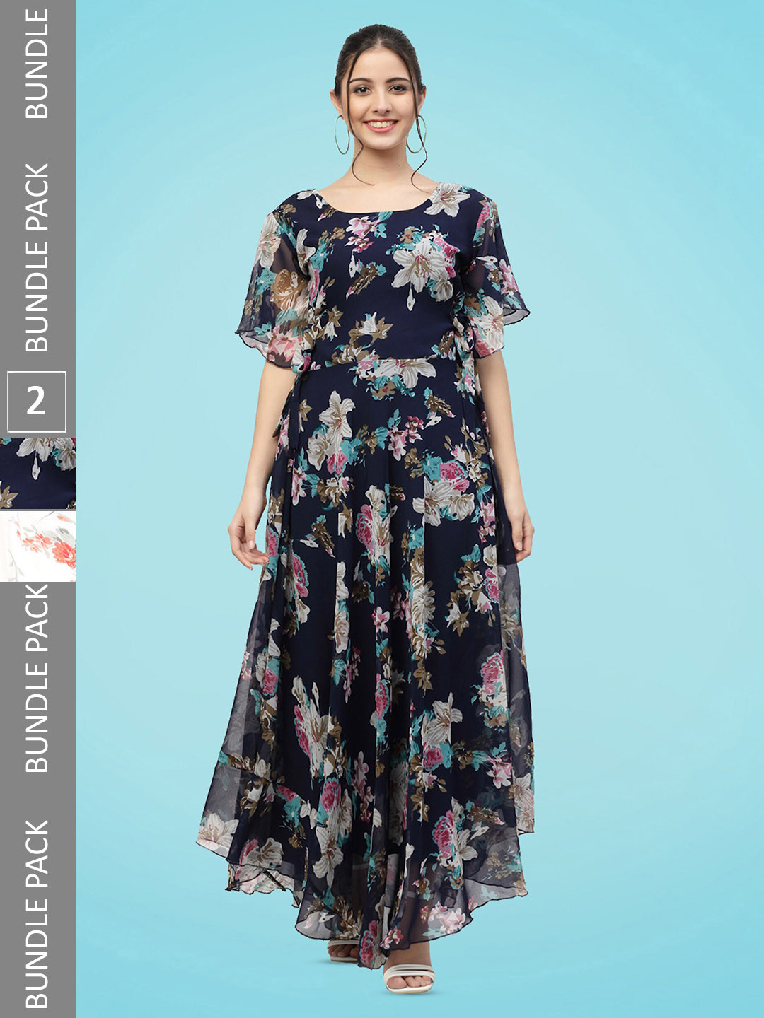 

MISS AYSE Pack Of 2 Floral Printed Flared Sleeve Georgette Maxi Dress, Navy blue