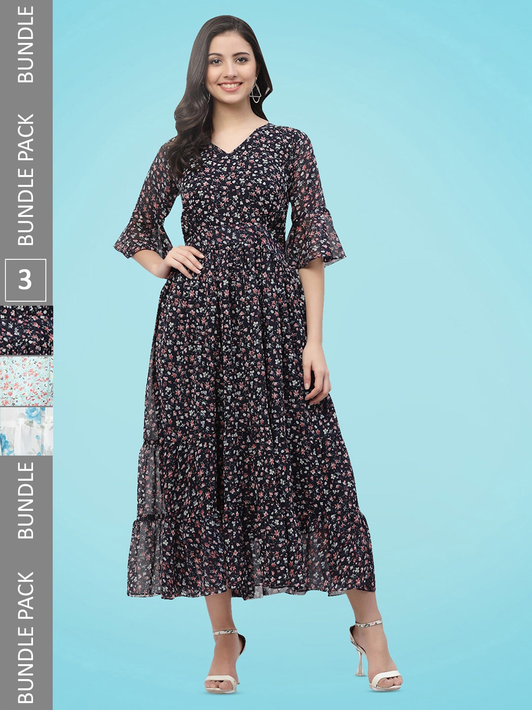 MISS AYSE Pack of 3 Floral Printed Tiered Bell Sleeve Georgette Fit & Flare Maxi Dress, Black