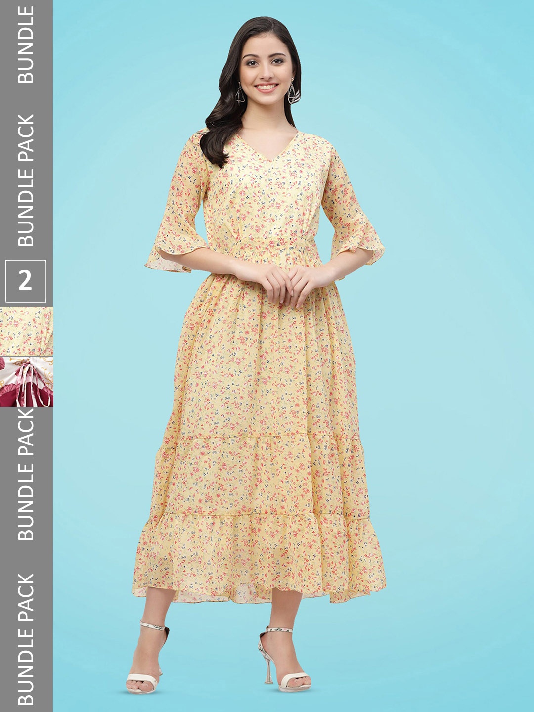 

MISS AYSE Pack Of 2 Floral Printed Tiered Fit & Flare Midi Dress, Yellow