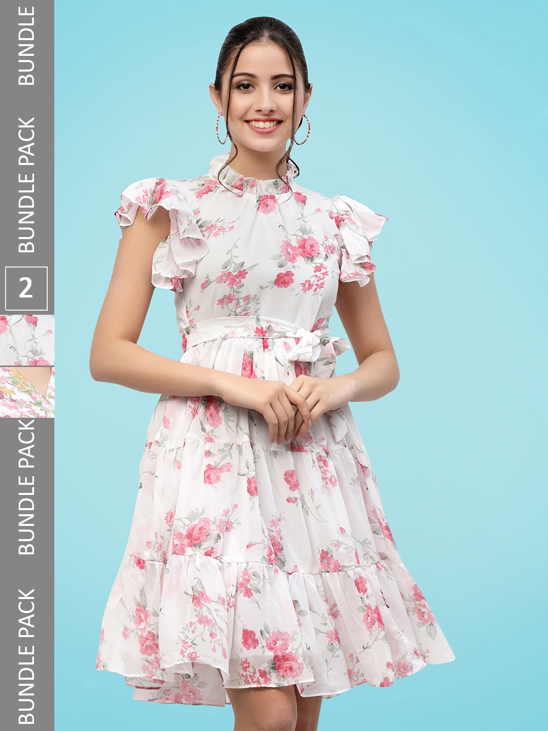

MISS AYSE Pack Of 2 Floral Printed Belted Georgette A Line Dress, Pink