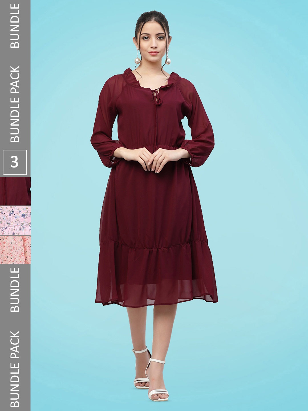 

MISS AYSE Pack Of 3 Floral Printed Georgette Fit & Flare Dress, Maroon