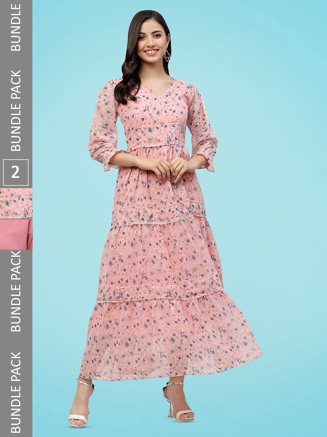 

MISS AYSE Pack Of 2 Floral Printed V-Neck Puff Sleeves Tiered Fit & Flare Midi Dress, Pink