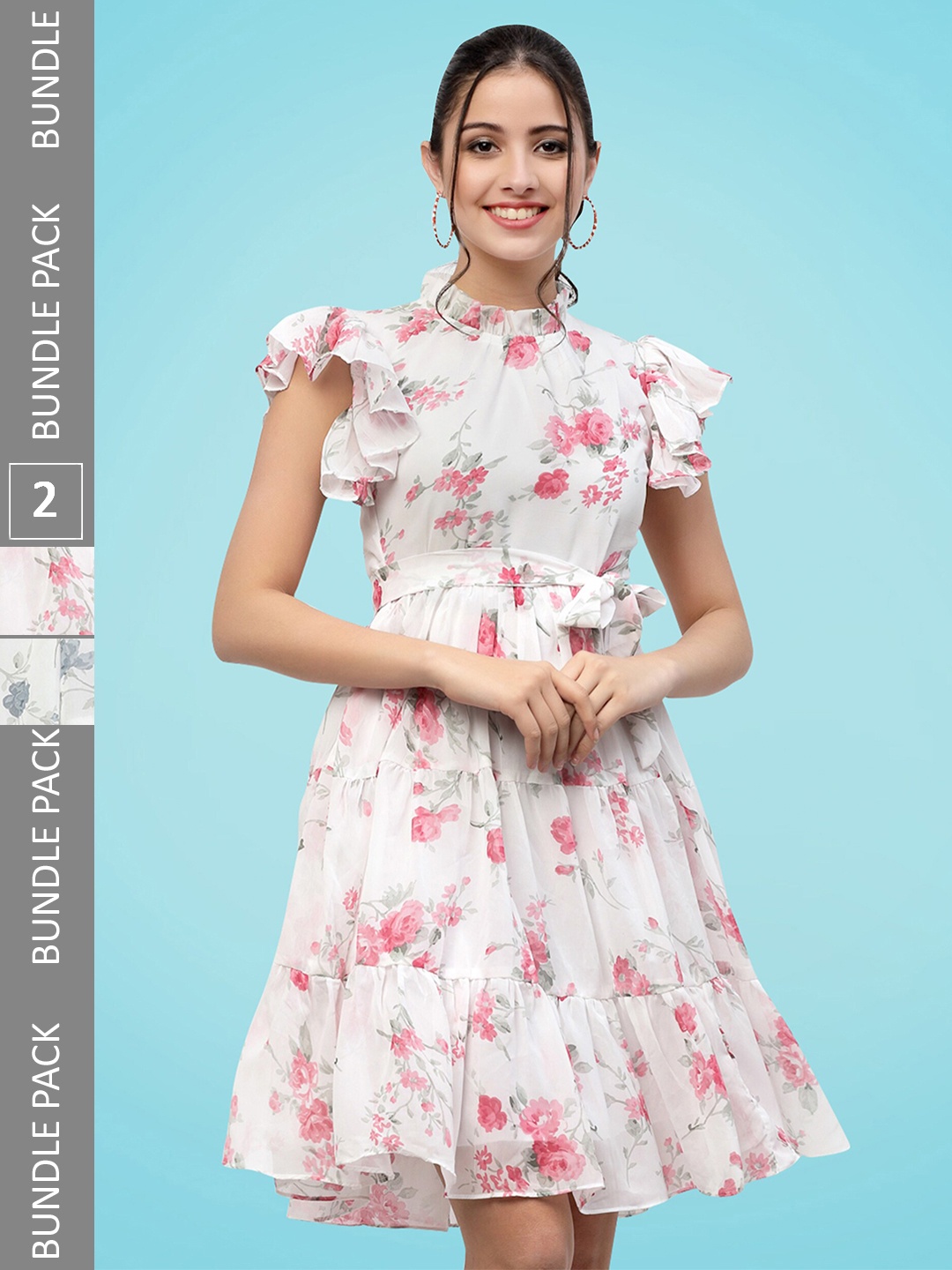 

MISS AYSE Pack Of 2 Floral Printed High Neck Fit & Flare Dress, White
