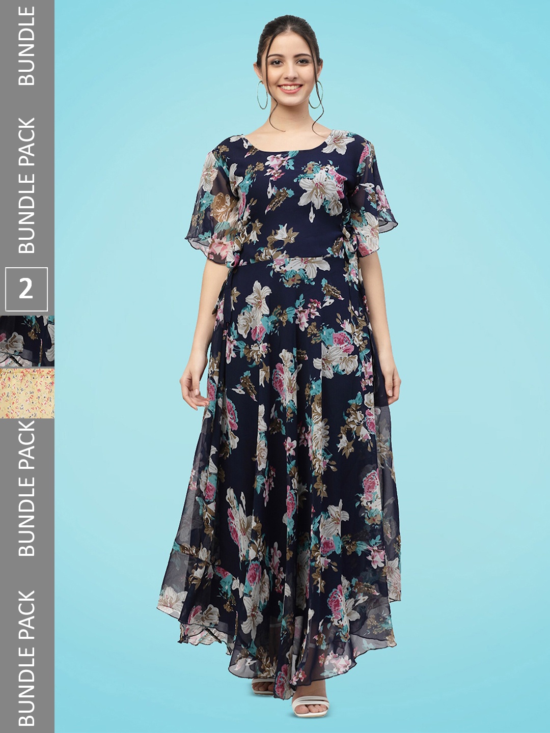 

MISS AYSE Pack Of 2 Floral Printed Flared Sleeve Georgette Maxi Dress, Navy blue