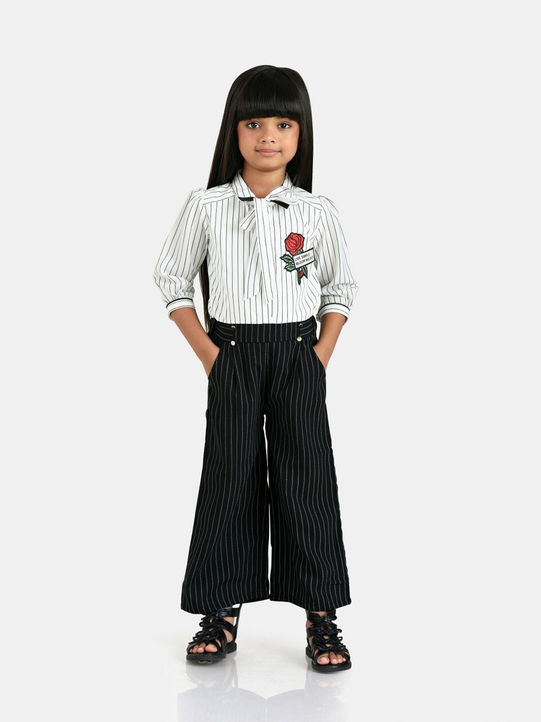 

Peppermint Girls Striped Basic Jumpsuit With Embellished, Black